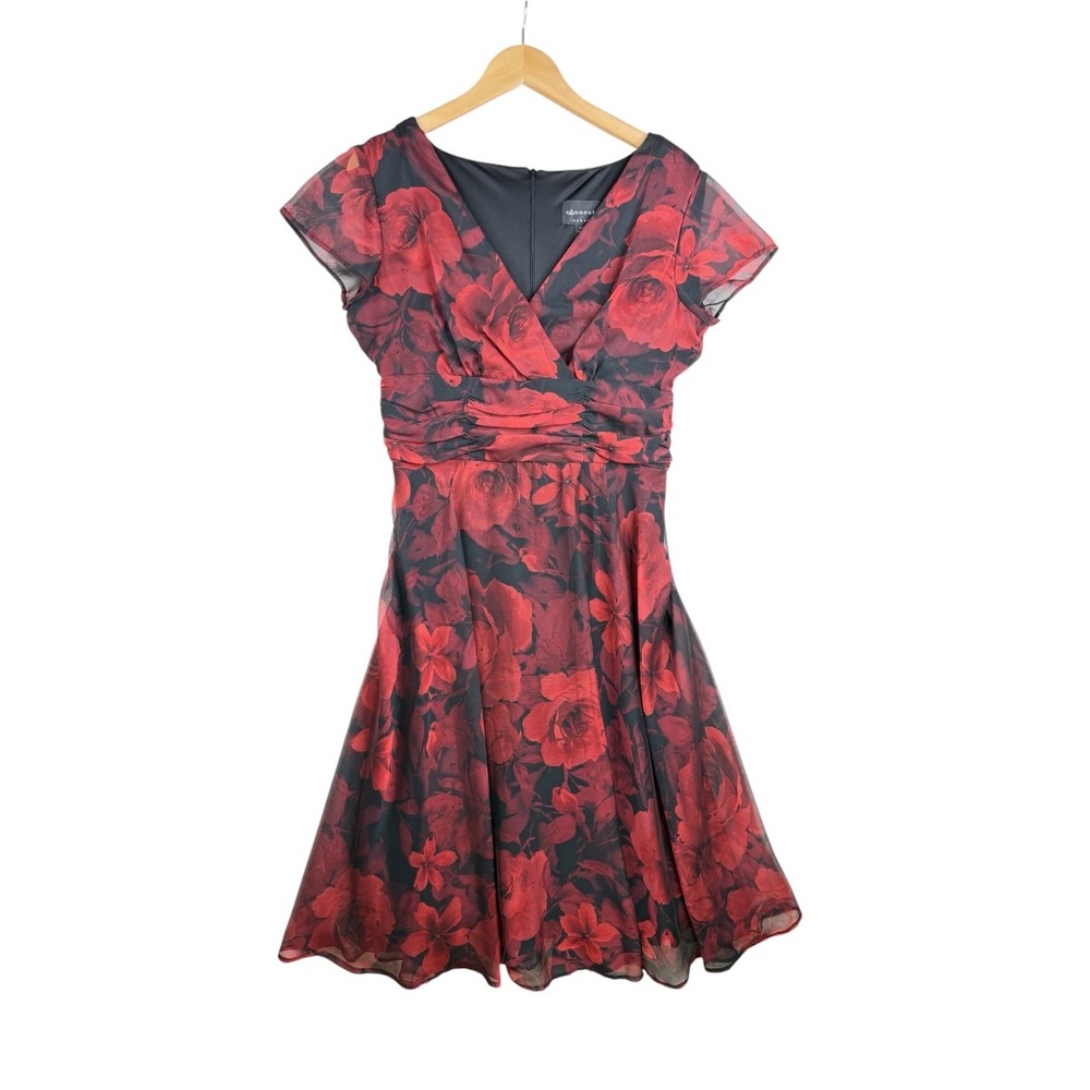 Connected Apparel Womens Red and Black Floral Dress V Neckline Size 12 A Line